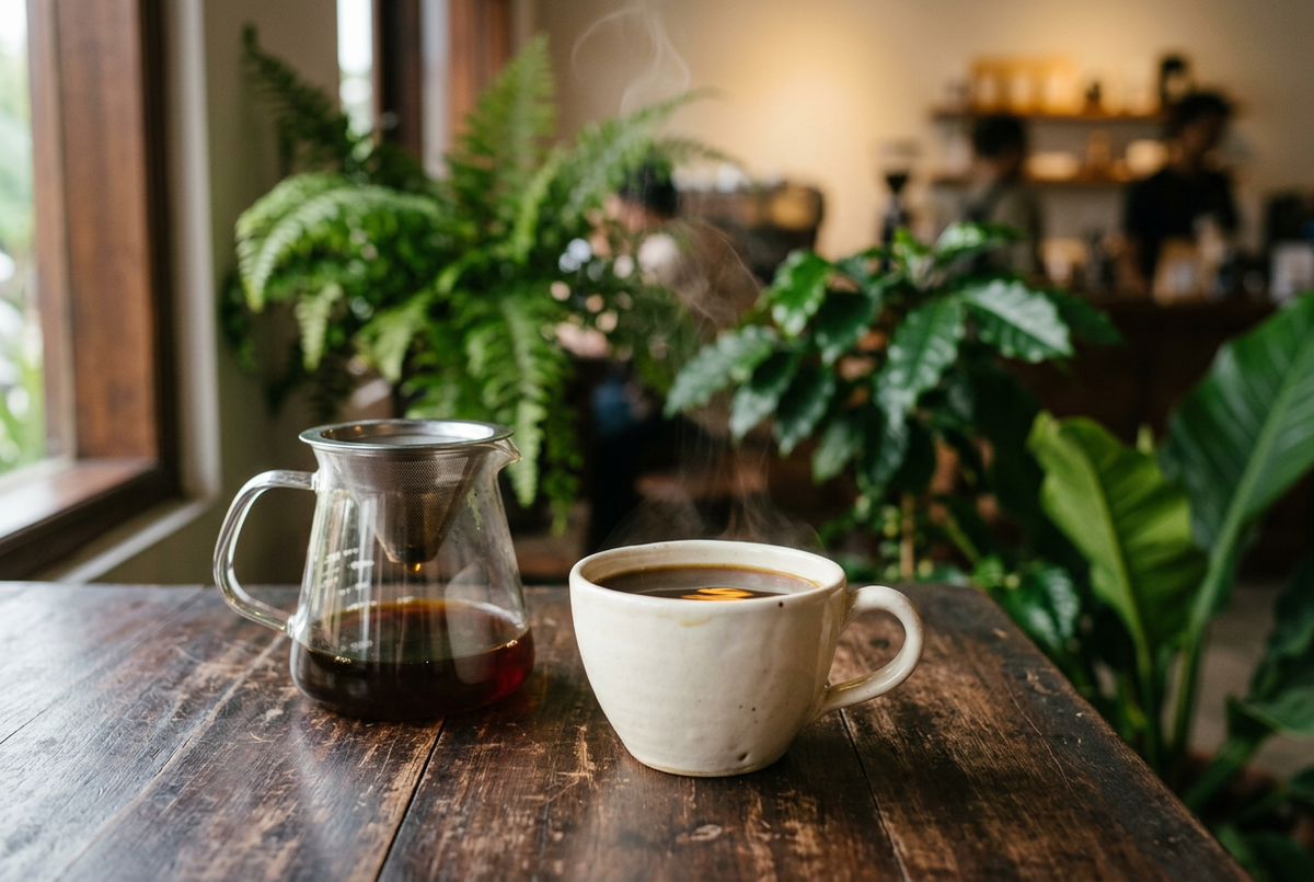 柔らかな光の中の一杯のコーヒー