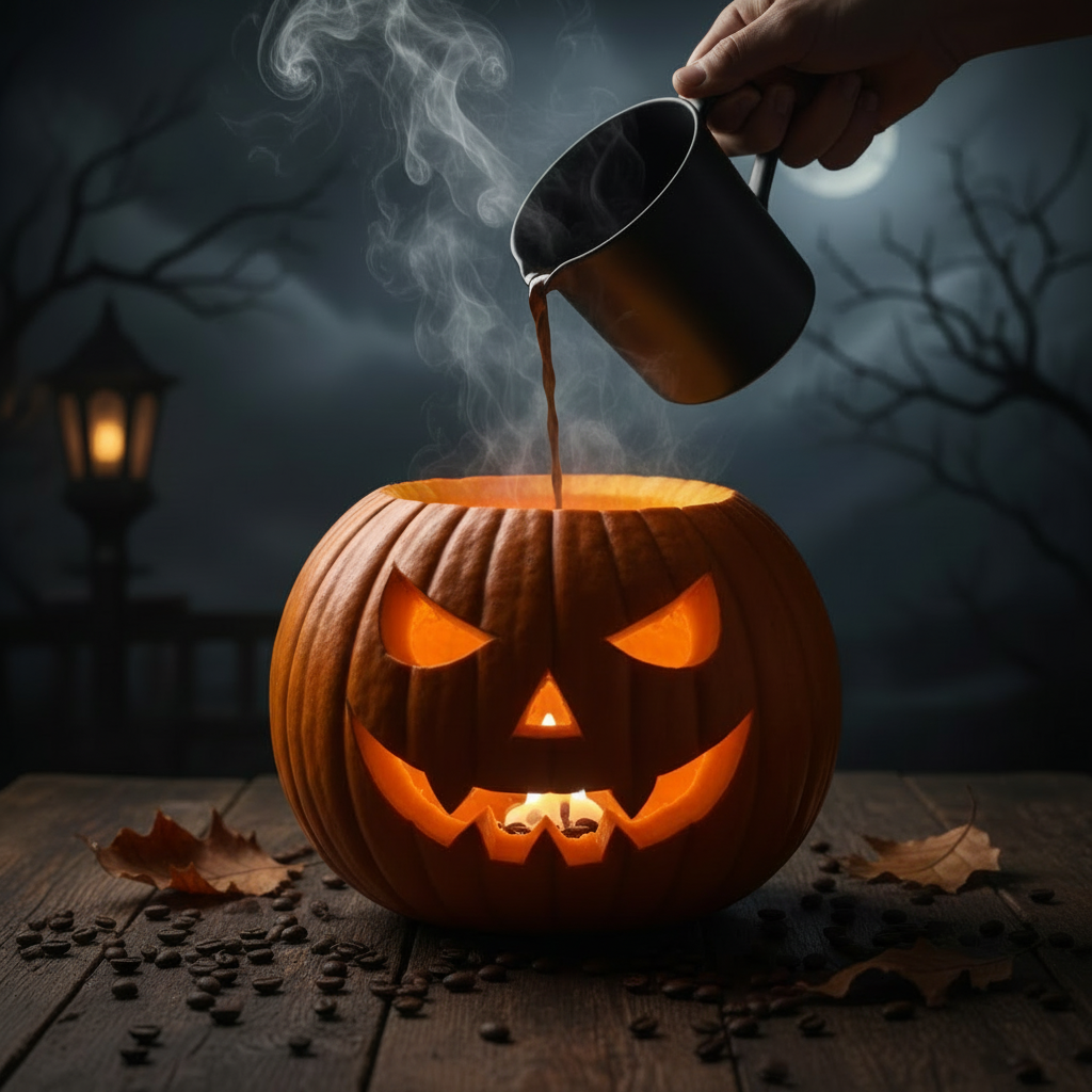かぼちゃのお化けにコーヒーをドリップしているハロウィンブレンドイメージ